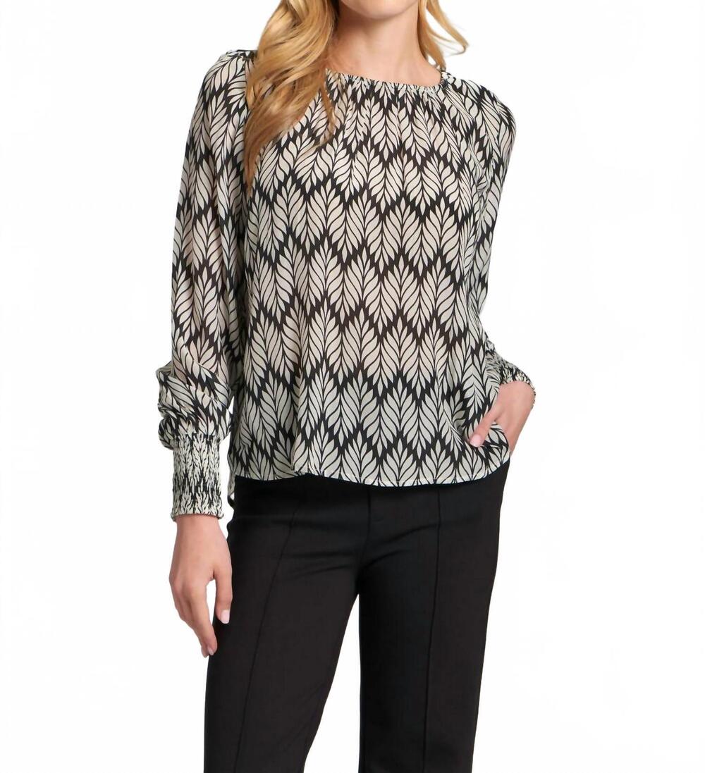 NEW APNY leaf print blouse with smocked cuff in black white